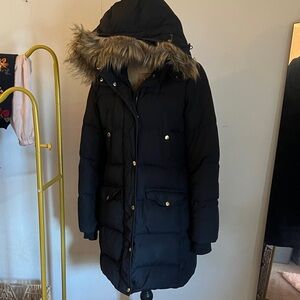 J. Crew Black Coat with Faux Fur Trim